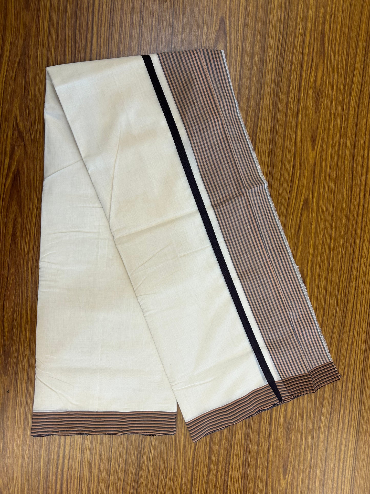 25% Discount!! KaithariKada Handloom  Unakkupaav - Kerala Handloom - 100% Pure Cotton Off White - (Unbleached) Double Mundu/Dothi - 100 x 80 - 5 inch Orange Brown & Dark Brown Side Striped Kara 4 meter (8.5 muzham) - 2 KK5366 REA
