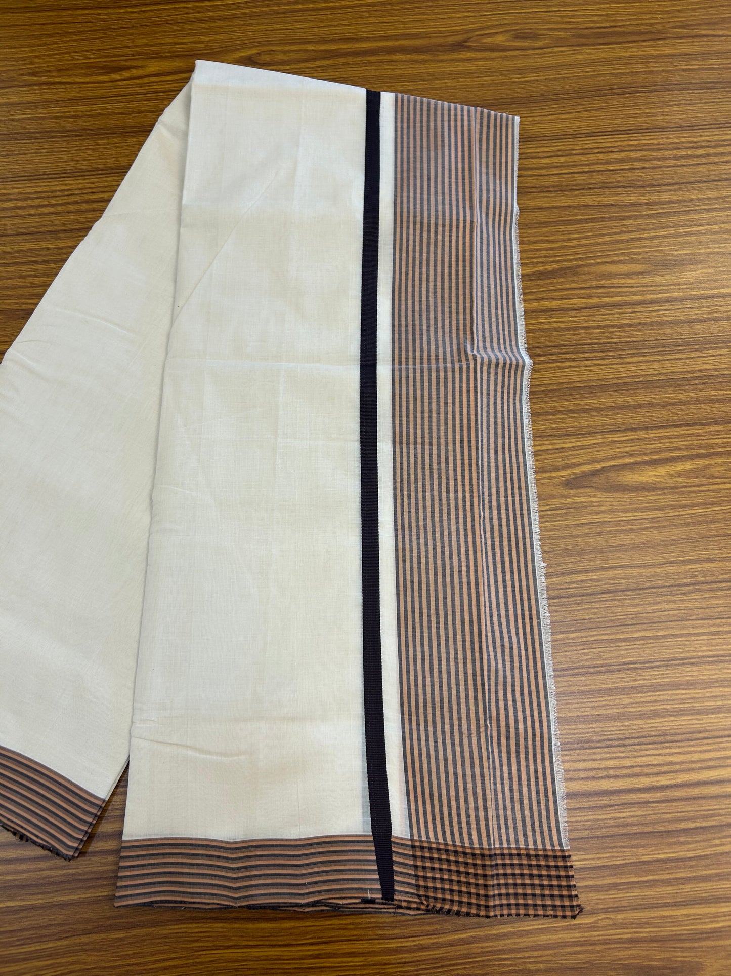 25% Discount!! KaithariKada Handloom  Unakkupaav - Kerala Handloom - 100% Pure Cotton Off White - (Unbleached) Double Mundu/Dothi - 100 x 80 - 5 inch Orange Brown & Dark Brown Side Striped Kara 4 meter (8.5 muzham) - 2 KK5366 REA
