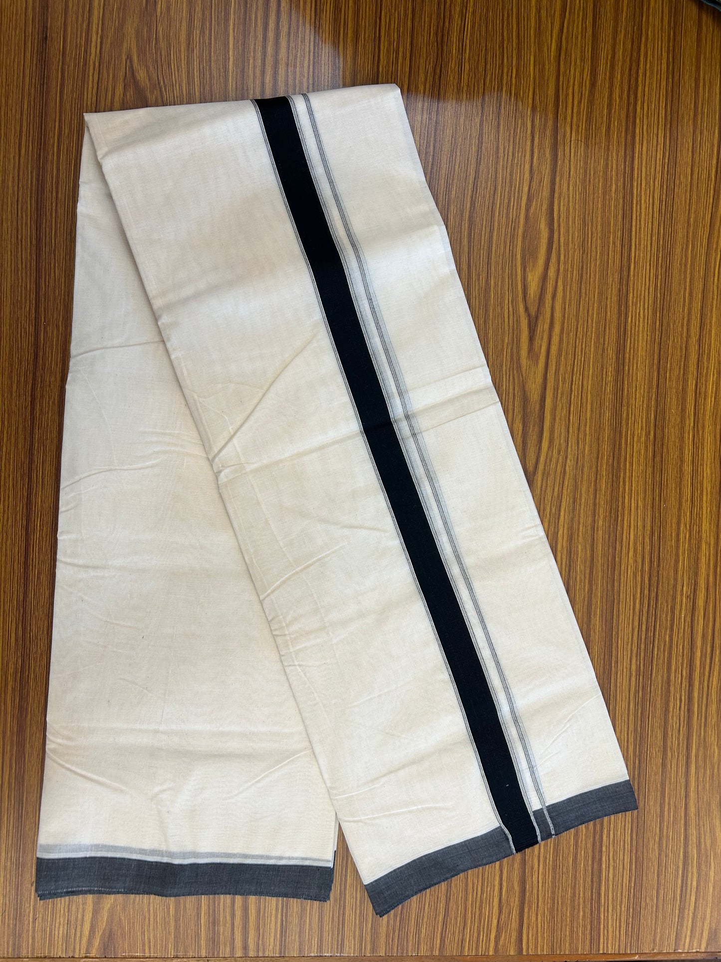 20% Discount KaithariKada Balaramapuram 100% Cotton Double Off white - (Unbleached) - Mundu/Dhoti - 100x80 - 1.25 inch Black Striped Kara - 3.80 mtr (8 Muzham) - 1 KK5347 ASH