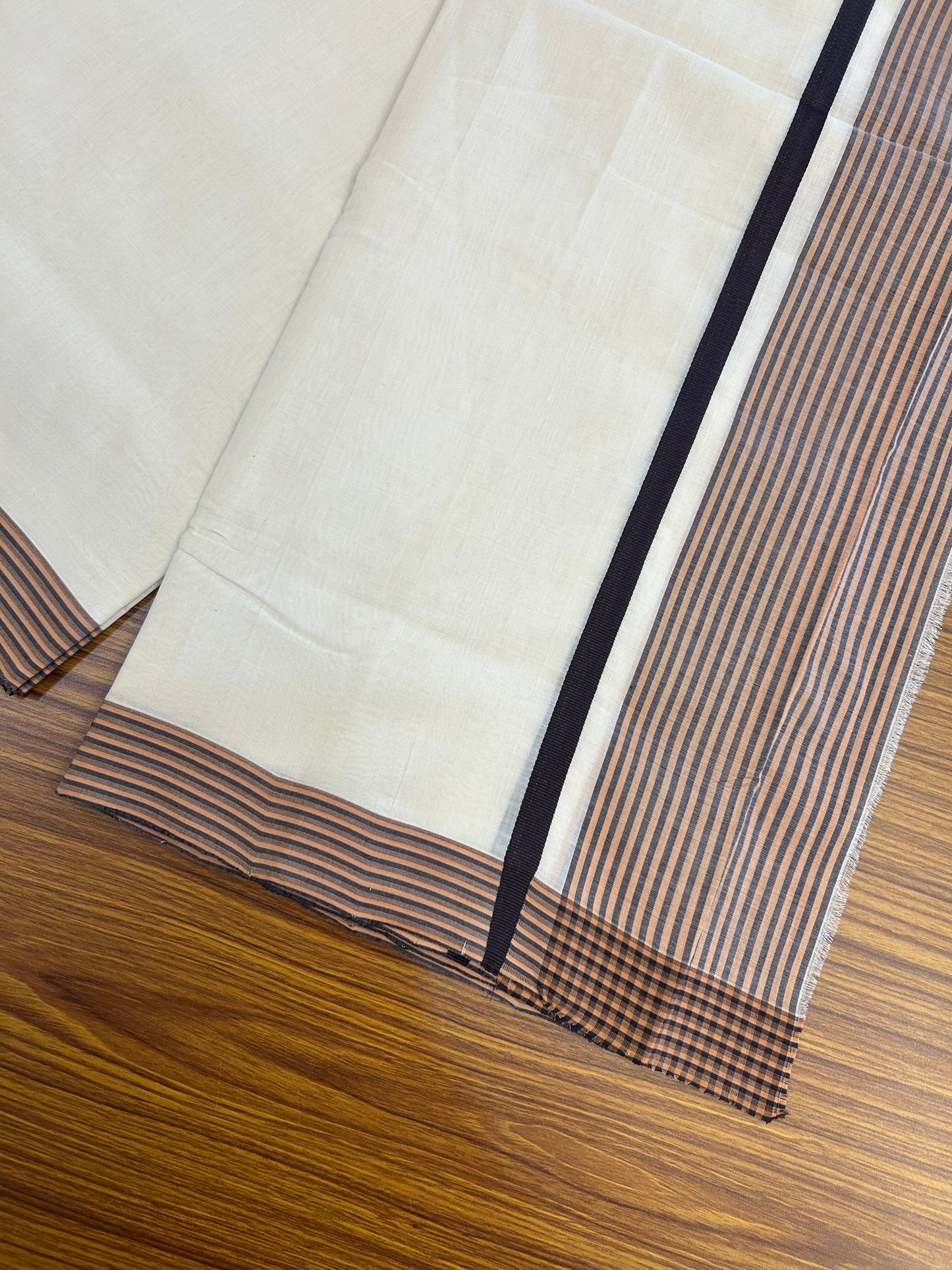 25% Discount!! KaithariKada Handloom  Unakkupaav - Kerala Handloom - 100% Pure Cotton Off White - (Unbleached) Double Mundu/Dothi - 100 x 80 - 5 inch Orange Brown & Dark Brown Side Striped Kara 4 meter (8.5 muzham) - 2 KK5366 REA