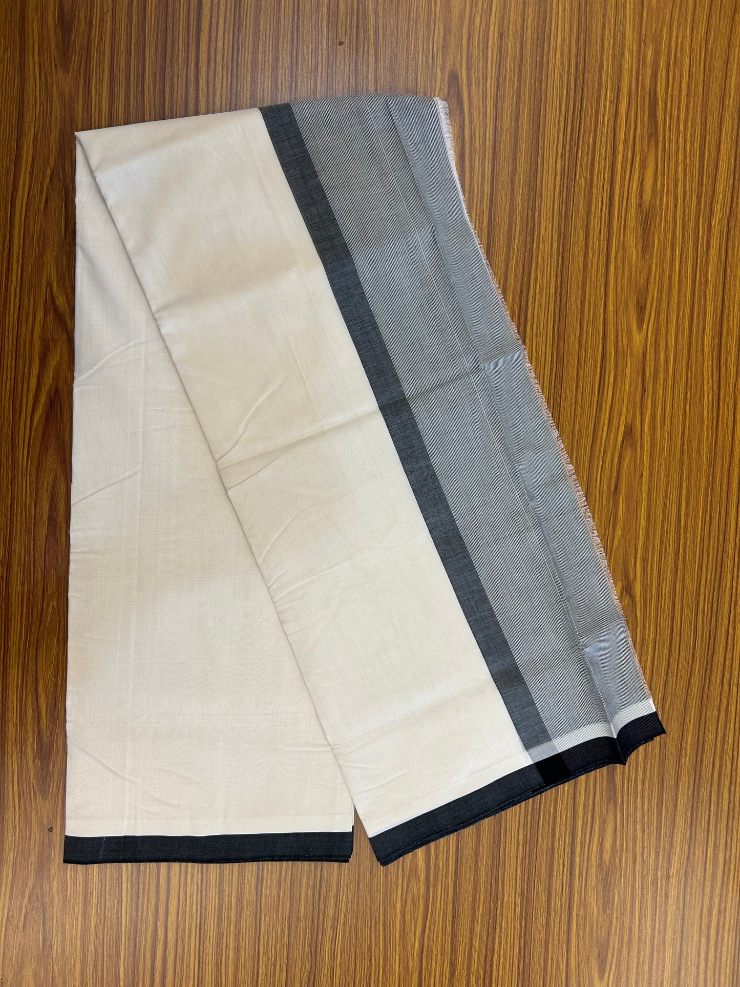 25% Discount!! KaithariKada Handloom  Unakkupaav - Kerala Handloom - 100% Pure Cotton Off White - (Unbleached) Double Mundu/Dothi - 100 x 80 - 5.5 inch Black Side Striped Kara 4 meter (8.5 muzham) - 3 KK5366 REA