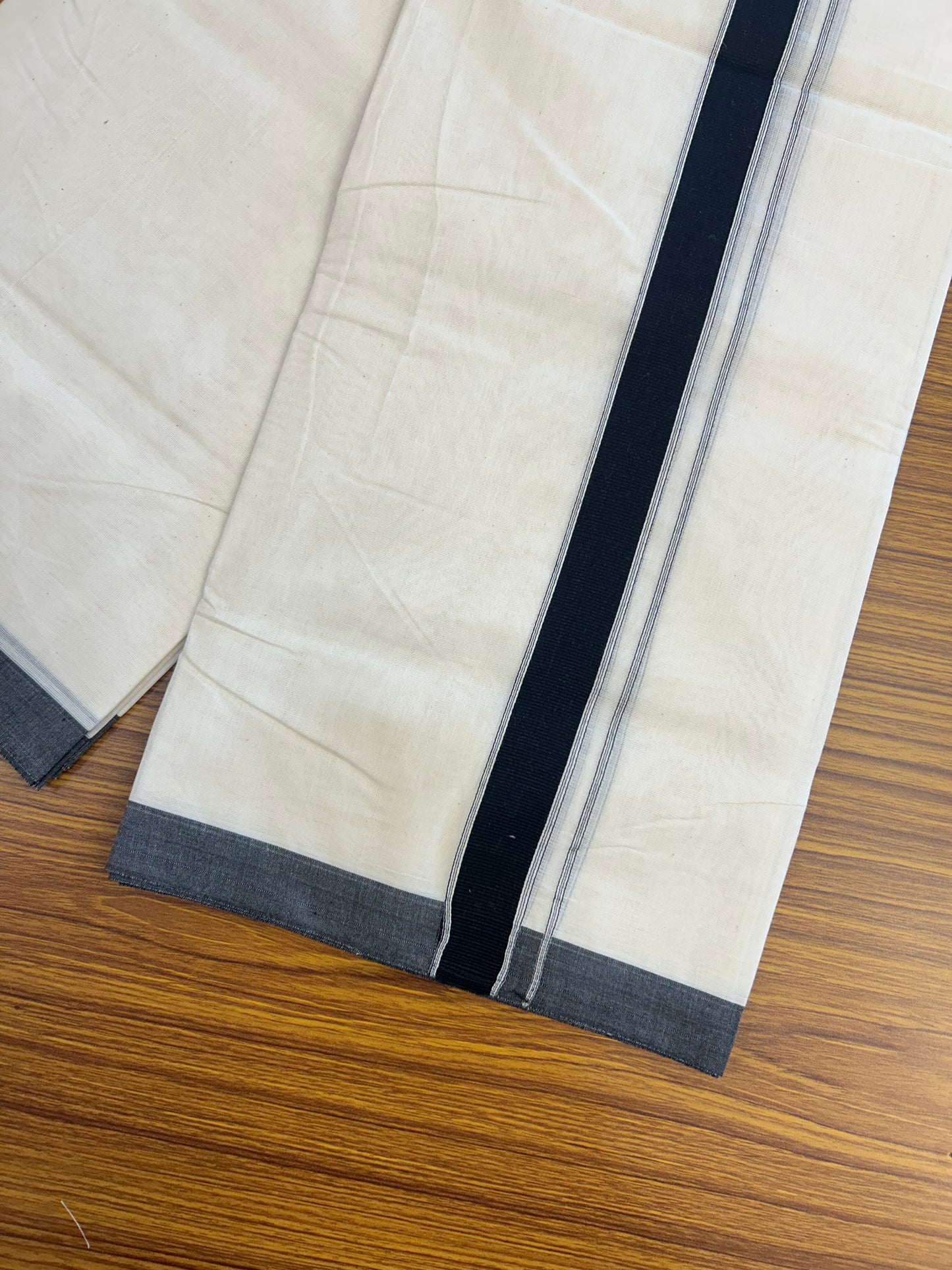 20% Discount KaithariKada Balaramapuram 100% Cotton Double Off white - (Unbleached) - Mundu/Dhoti - 100x80 - 1.25 inch Black Striped Kara - 3.80 mtr (8 Muzham) - 1 KK5347 ASH