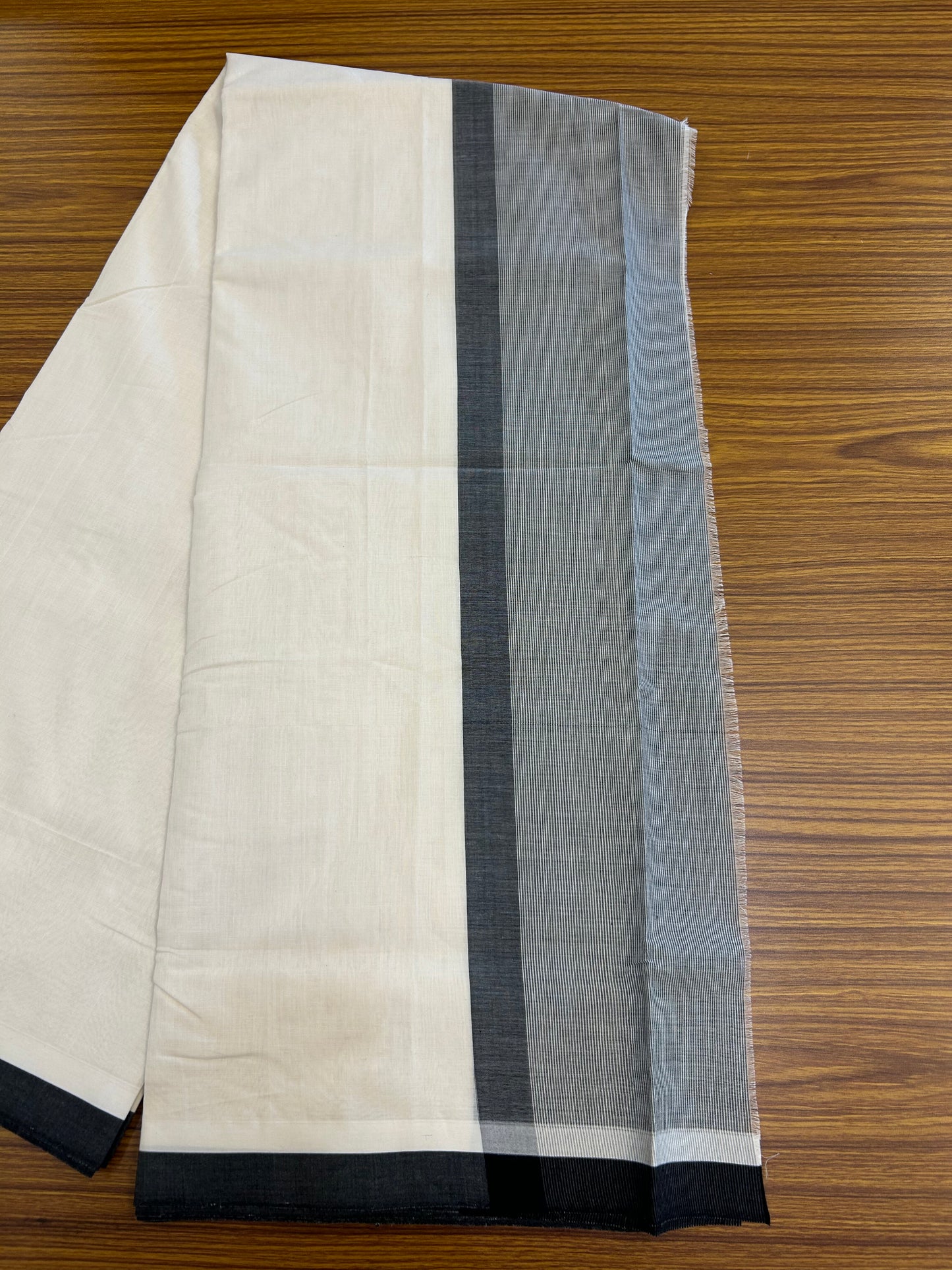 25% Discount!! KaithariKada Handloom  Unakkupaav - Kerala Handloom - 100% Pure Cotton Off White - (Unbleached) Double Mundu/Dothi - 100 x 80 - 5.5 inch Black Side Striped Kara 4 meter (8.5 muzham) - 3 KK5366 REA