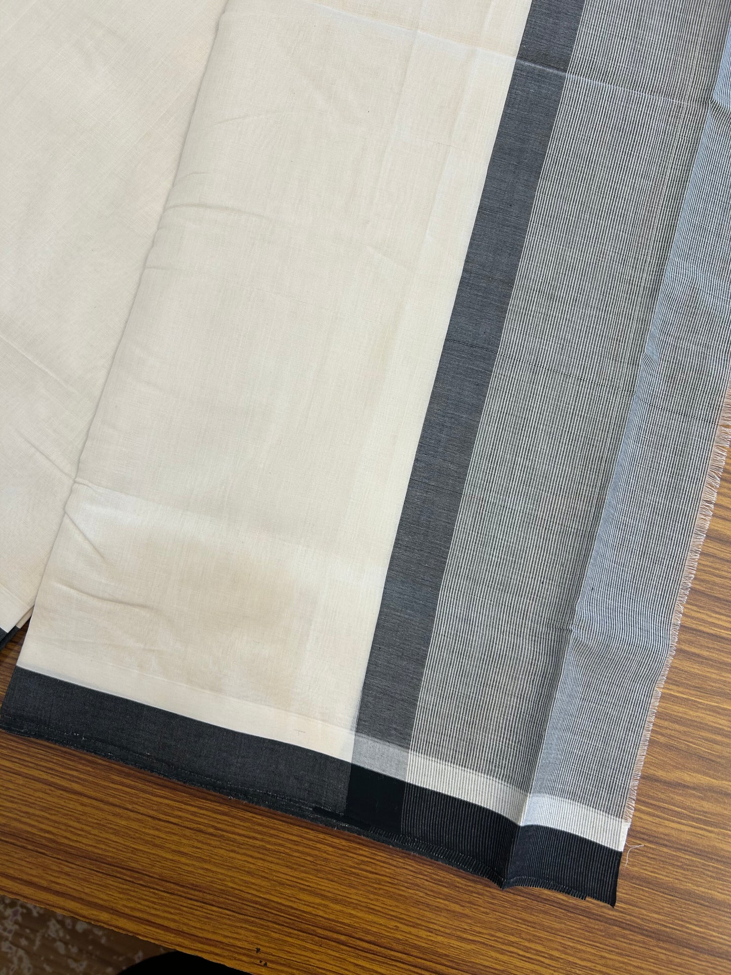 25% Discount!! KaithariKada Handloom  Unakkupaav - Kerala Handloom - 100% Pure Cotton Off White - (Unbleached) Double Mundu/Dothi - 100 x 80 - 5.5 inch Black Side Striped Kara 4 meter (8.5 muzham) - 3 KK5366 REA
