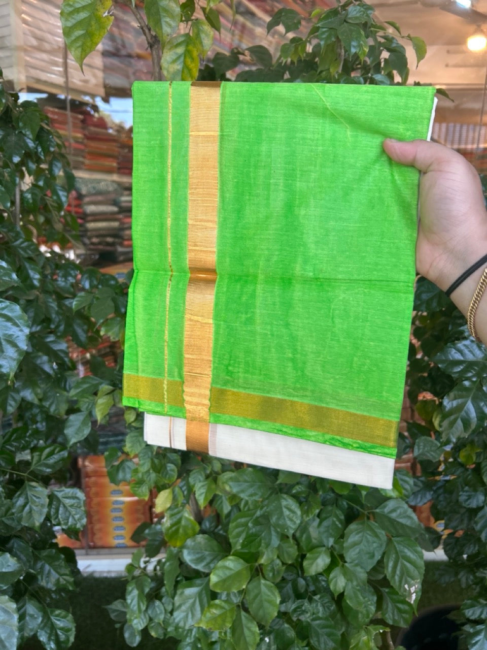 20% Discount !! KaithariKada Balaramapuram Mixed Cotton OFF White (Unbleached) Double Mundu/Dhoti -80x80 Thread Mixed Cotton - 1.75 inch Light Green Dyed Kasav Kara - 7 KK5271 VIN