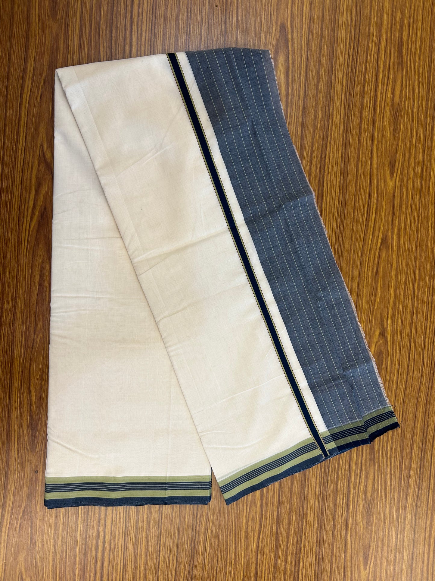 25% Discount!! KaithariKada Handloom  Unakkupaav - Kerala Handloom - 100% Pure Cotton Off White - (Unbleached) Double Mundu/Dothi - 100 x 80 - 5.5 inch Maroon Green & Peacock Green Side Striped Kara 3.80 meter (8 muzham) - 1 KK5366 REA