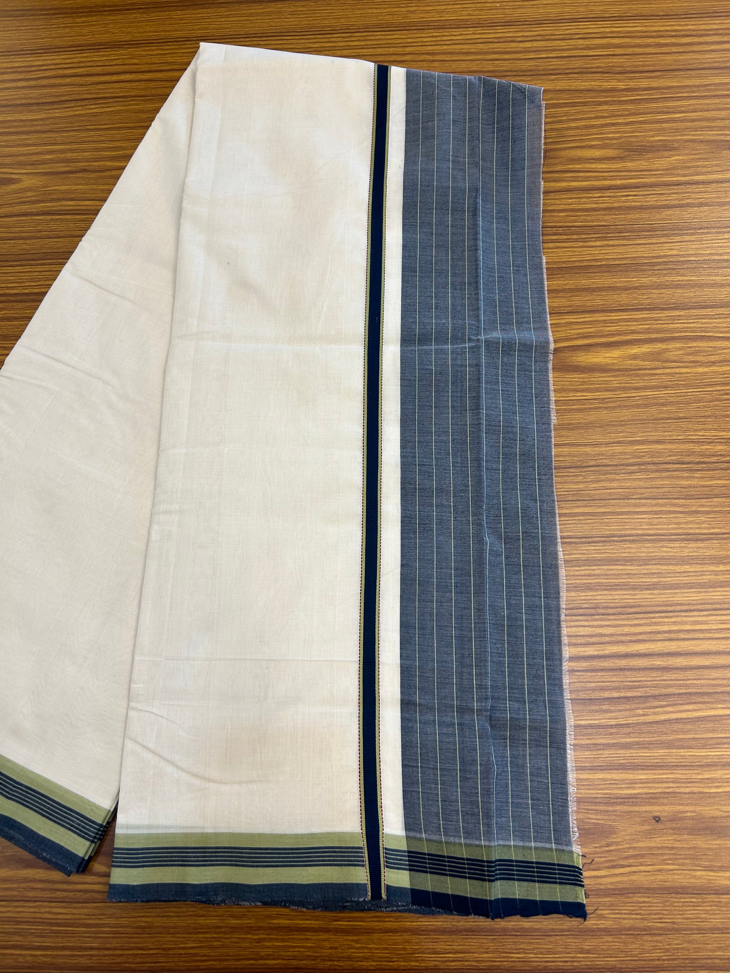 25% Discount!! KaithariKada Handloom  Unakkupaav - Kerala Handloom - 100% Pure Cotton Off White - (Unbleached) Double Mundu/Dothi - 100 x 80 - 5.5 inch Maroon Green & Peacock Green Side Striped Kara 3.80 meter (8 muzham) - 1 KK5366 REA