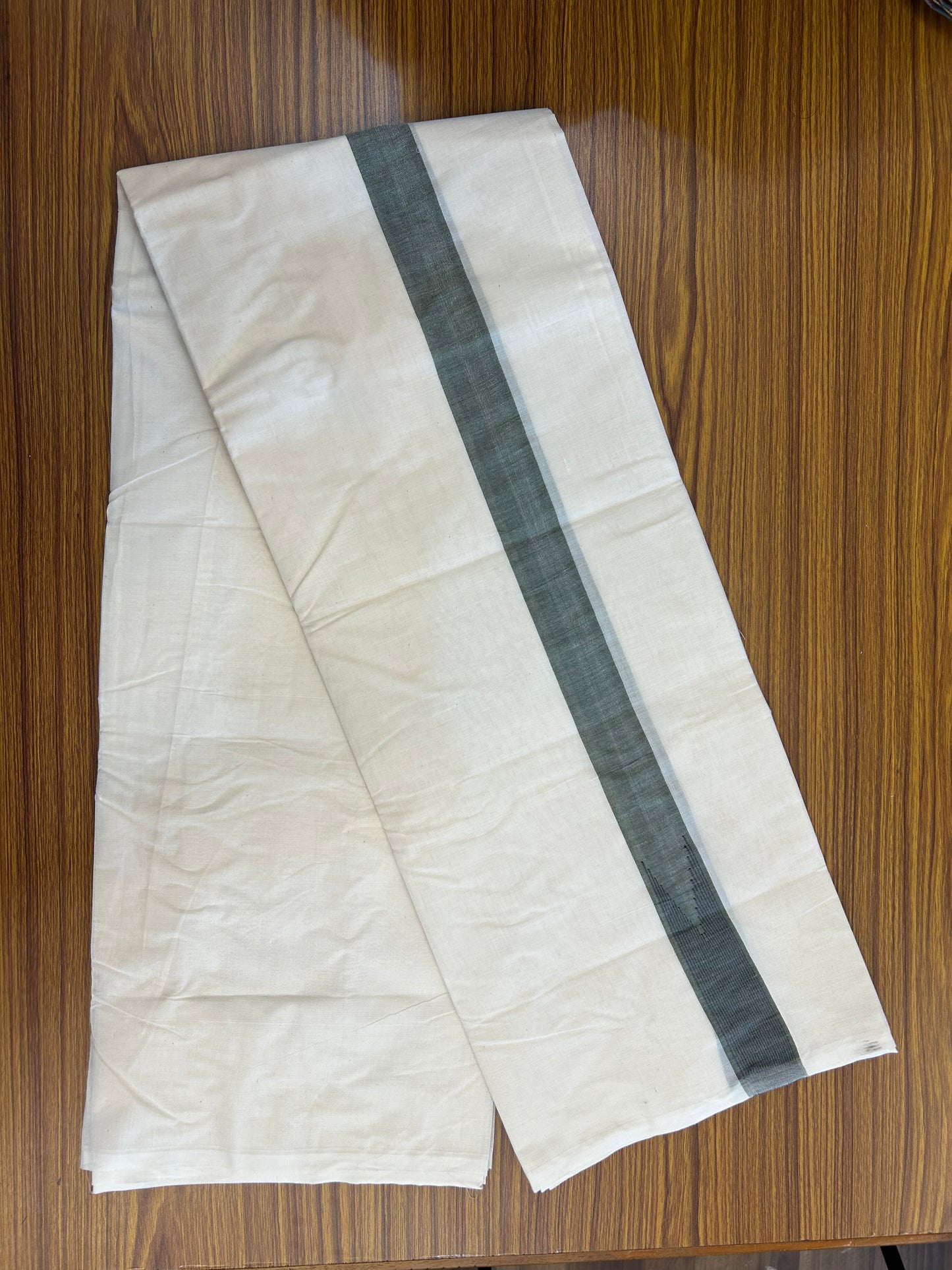 20% Discount ! KaithariKada 100% Cotton off white Double - (Unbleached) Mundu/Dhoti - 100X100 - 1.25 inch Puliyilakkara Olive Green & Black Striped Chutty kara - 4 mtr (8.5 muzham) - 6 KK5347 ASH