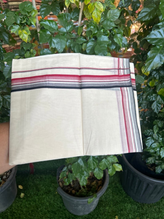 20% DISCOUNT ! KaithariKada Balaramapuram 100% Cotton Double Off white - (Unbleached) Mundu/Dhoti - 100X80 - 1.5 inch Silver kasav Black & Maroon stripes Kara 4mtr (8.5 muzham) - 5 KK5271 PMC