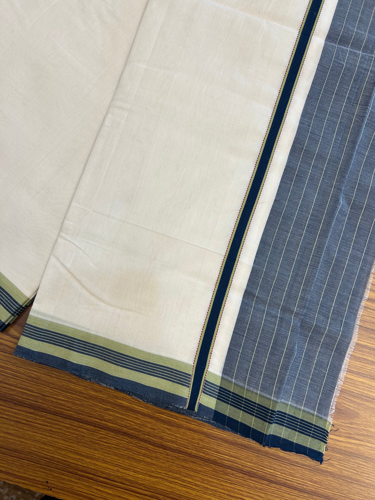 25% Discount!! KaithariKada Handloom  Unakkupaav - Kerala Handloom - 100% Pure Cotton Off White - (Unbleached) Double Mundu/Dothi - 100 x 80 - 5.5 inch Maroon Green & Peacock Green Side Striped Kara 3.80 meter (8 muzham) - 1 KK5366 REA