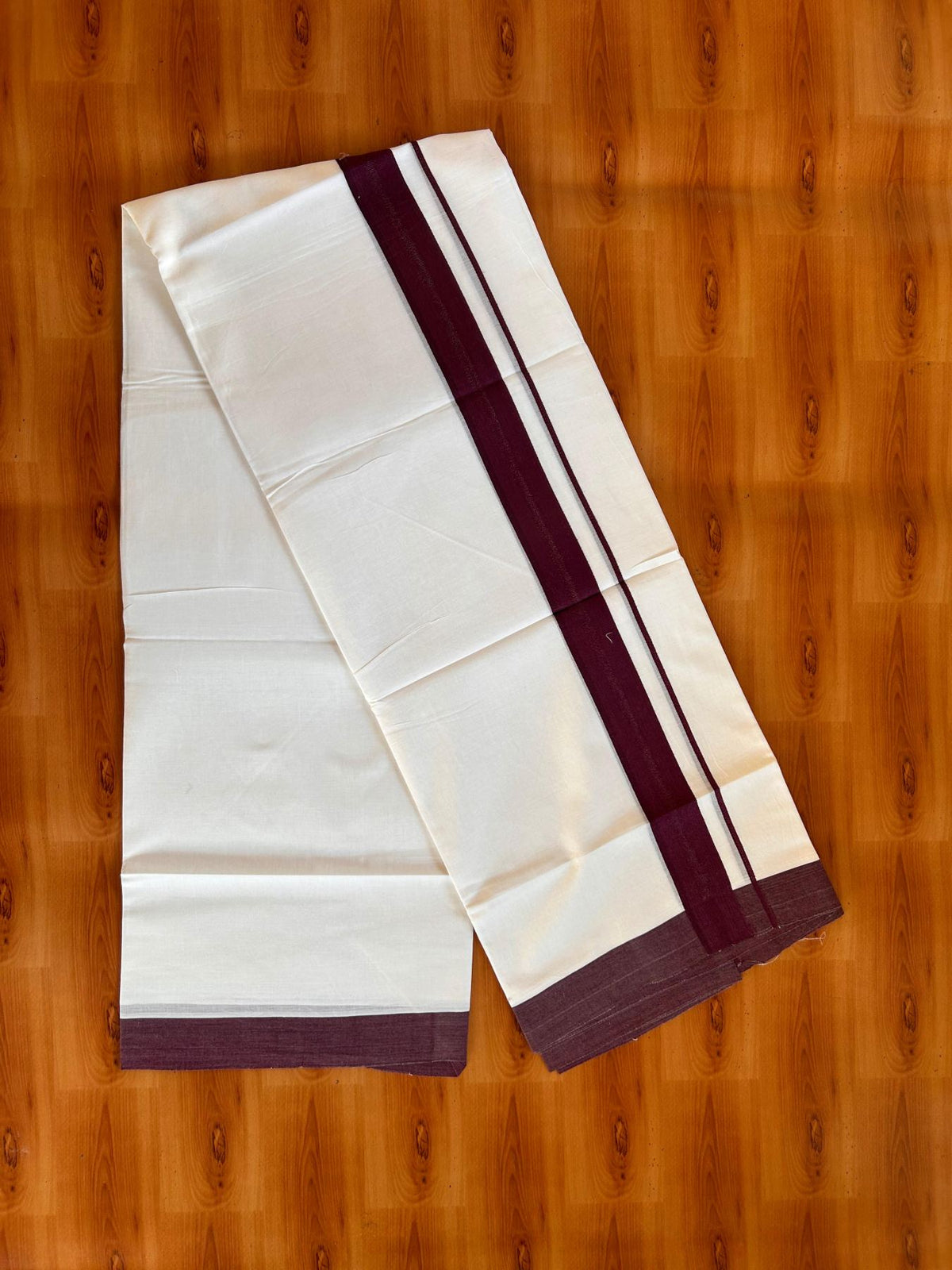 Pure White Double Mundu/Dhoti - 20% Discount ! Kaitharikada Pure Cotton - 100x80 - 1.5 inch Dark Wine Maroon striped Kara 3.80 mtr (8 muzham) - 82 KK5523 MC