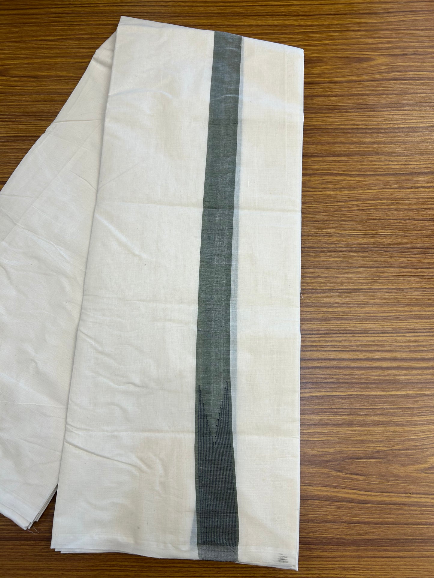 20% Discount ! KaithariKada 100% Cotton off white Double - (Unbleached) Mundu/Dhoti - 100X100 - 1.25 inch Puliyilakkara Olive Green & Black Striped Chutty kara - 4 mtr (8.5 muzham) - 6 KK5347 ASH
