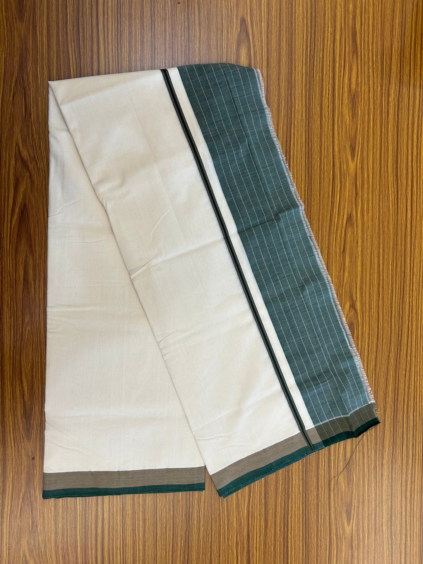25% Discount!! KaithariKada Handloom  Unakkupaav - Kerala Handloom - 100% Pure Cotton Off White - (Unbleached) Double Mundu/Dothi - 100 x 80 - 5.5 inch Green & Brown Side Striped Kara 4 meter (8.5 muzham) - 4 KK5366 REA