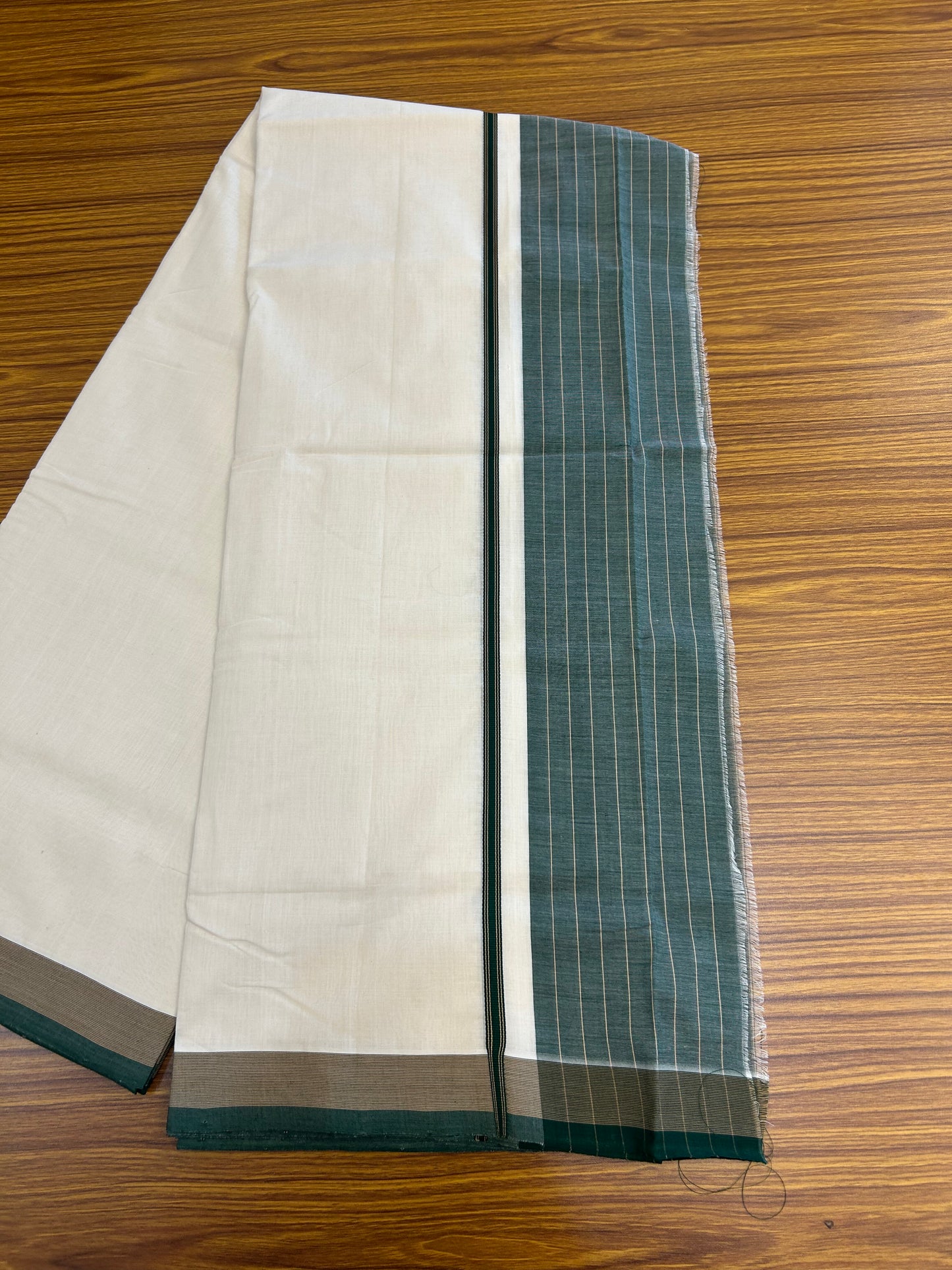 25% Discount!! KaithariKada Handloom  Unakkupaav - Kerala Handloom - 100% Pure Cotton Off White - (Unbleached) Double Mundu/Dothi - 100 x 80 - 5.5 inch Green & Brown Side Striped Kara 4 meter (8.5 muzham) - 4 KK5366 REA