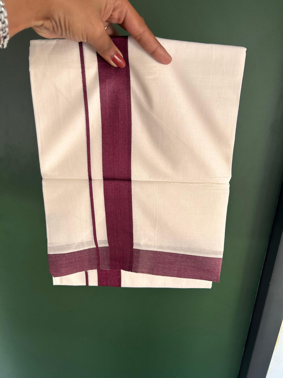 Pure White Double Mundu/Dhoti - 20% Discount ! Kaitharikada Pure Cotton - 100x80 - 1.5 inch Dark Wine Maroon striped Kara 3.80 mtr (8 muzham) - 82 KK5523 MC