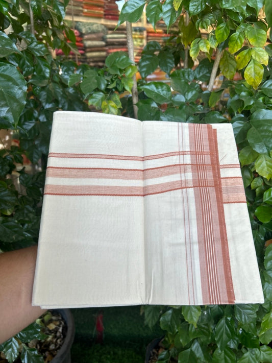 20% DISCOUNT ! KaithariKada Balaramapuram 100% Cotton Double Off white - (Unbleached) Mundu/Dhoti - 100X80 - 1.5 inch Orange Brown stripes Kara 4mtr (8.5 muzham) - 6 KK5271 VIN