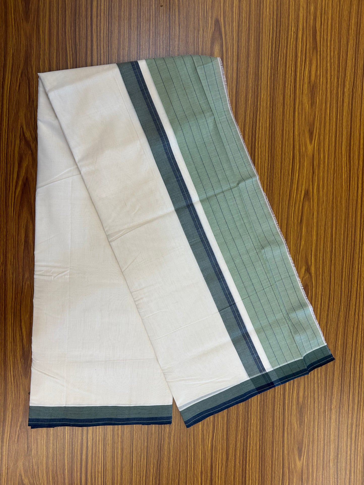 25% Discount!! KaithariKada Handloom  Unakkupaav - Kerala Handloom - 100% Pure Cotton Off White - (Unbleached) Double Mundu/Dothi - 100 x 80 - 6.5 inch Peacock Green & Mint Green Side Striped Kara 4 meter (8.5 muzham) - 5 KK5366 REA