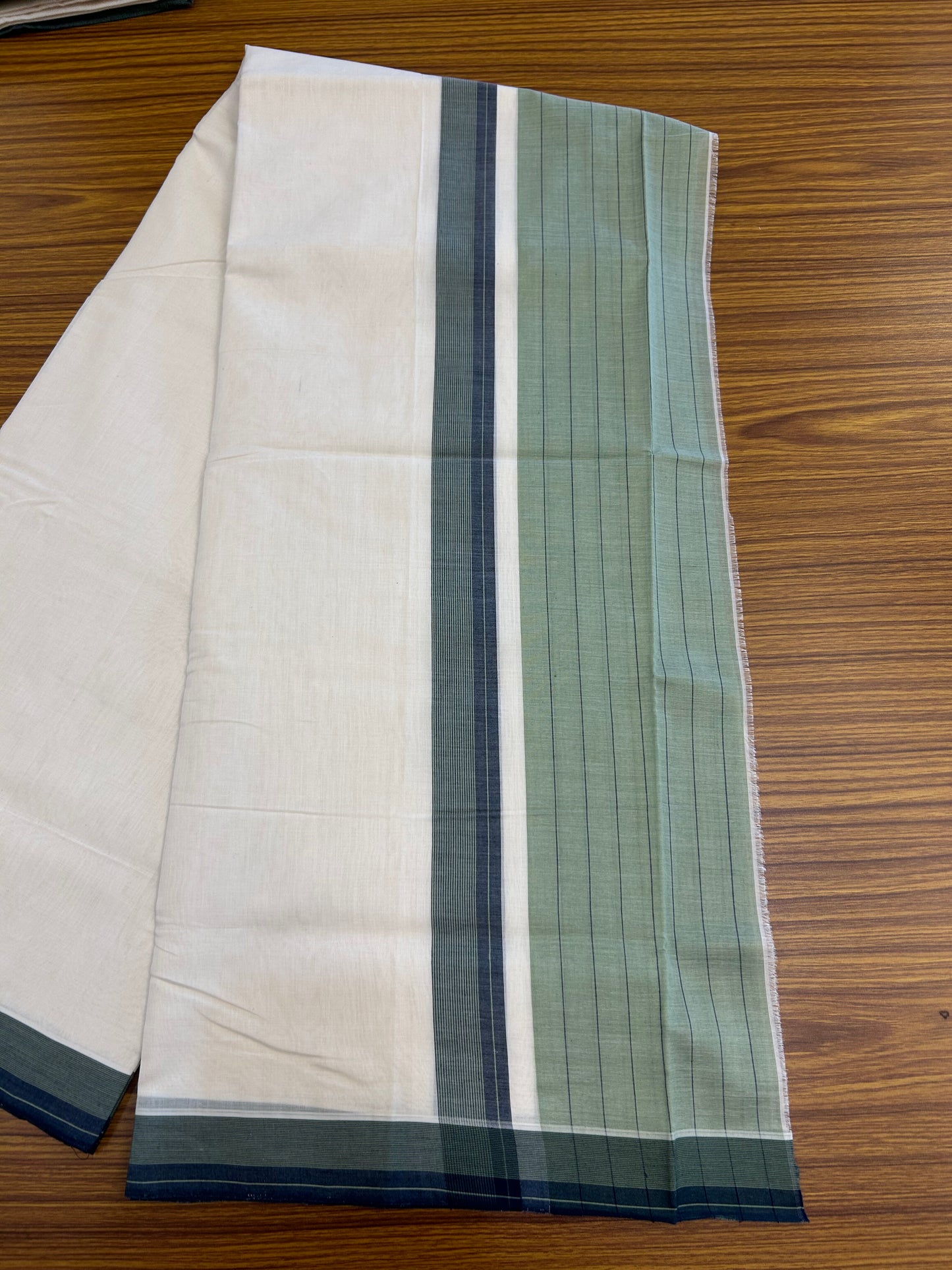 25% Discount!! KaithariKada Handloom  Unakkupaav - Kerala Handloom - 100% Pure Cotton Off White - (Unbleached) Double Mundu/Dothi - 100 x 80 - 6.5 inch Peacock Green & Mint Green Side Striped Kara 4 meter (8.5 muzham) - 5 KK5366 REA