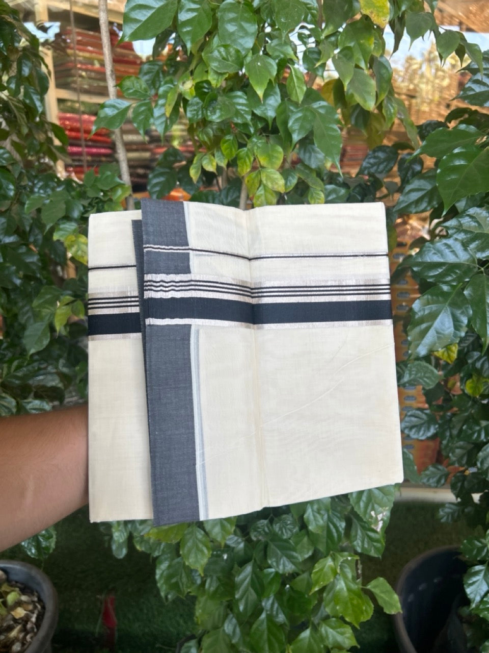 20% DISCOUNT ! KaithariKada Balaramapuram 100% Cotton Double Off white - (Unbleached) Mundu/Dhoti - 100X80 - 1.5 inch Black & Silver kasav Kara 4mtr (8.5 muzham) - 3 KK5271 VAS