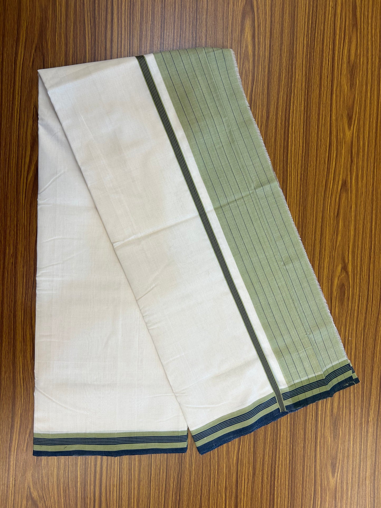 25% Discount!! KaithariKada Handloom  Unakkupaav - Kerala Handloom - 100% Pure Cotton Off White - (Unbleached) Double Mundu/Dothi - 100 x 80 - 6.5 inch Peacock Blue & Pastel Olive Side Striped Kara 4 meter (8.5 muzham) - 6 KK5366 REA