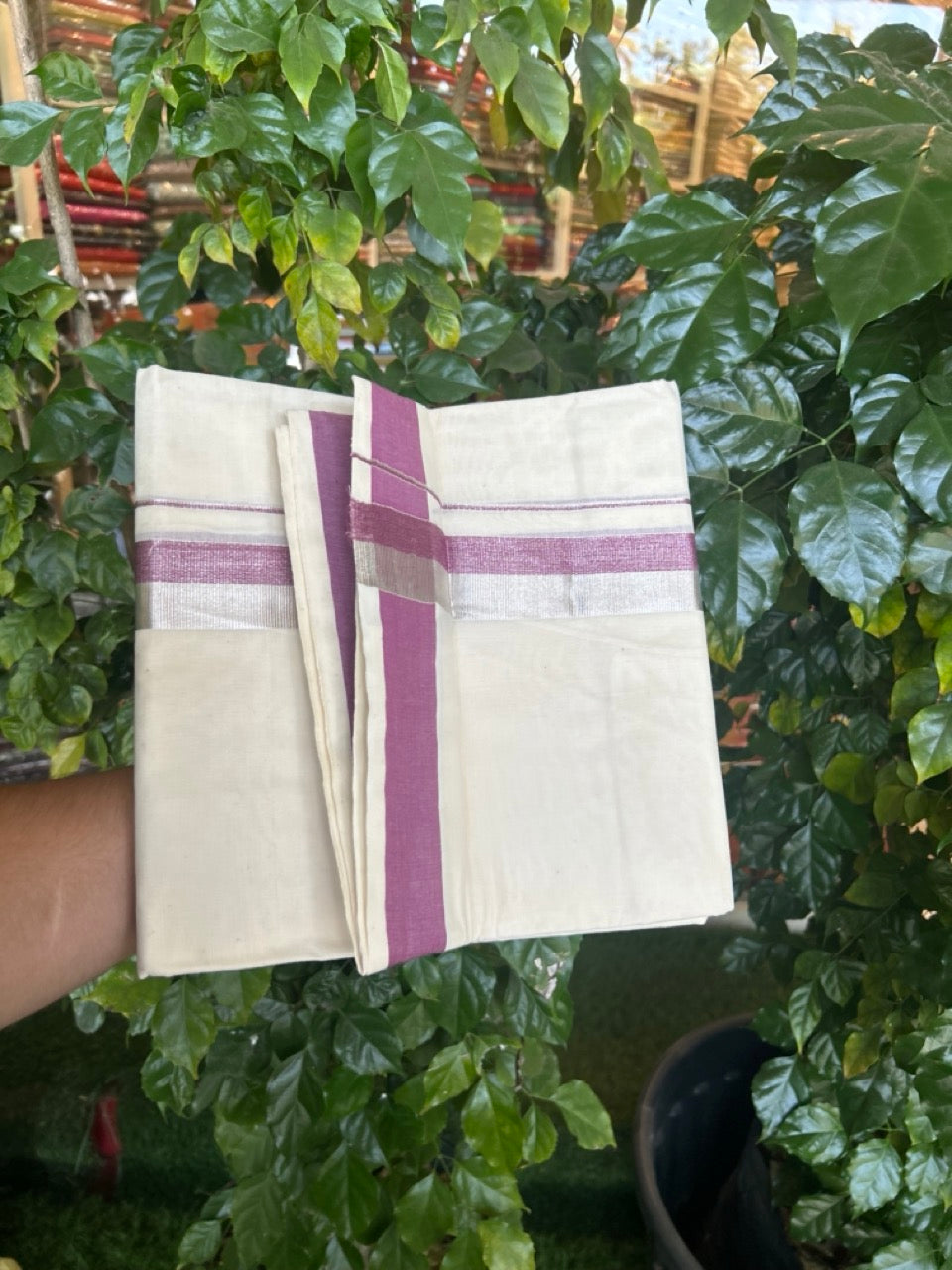 20% DISCOUNT ! KaithariKada Balaramapuram 100%  Cotton Double Off white - (Unbleached) Mundu/Dhoti - 100X80 - 2 inch Wine & Silver kasav Kara 4mtr (8.5 muzham) - 2 KK5271 VIN