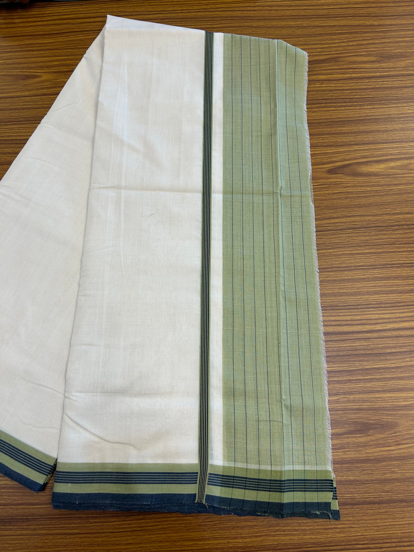 25% Discount!! KaithariKada Handloom  Unakkupaav - Kerala Handloom - 100% Pure Cotton Off White - (Unbleached) Double Mundu/Dothi - 100 x 80 - 6.5 inch Peacock Blue & Pastel Olive Side Striped Kara 4 meter (8.5 muzham) - 6 KK5366 REA