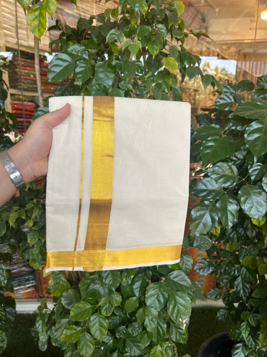 20% DISCOUNT! Kaitharikada Balaramapuram 100% Cotton OFF WHITE Double Mundu/Dothi  - 100x80- 1.5 Inch Gold Kasav Kara -  9 KK5271 THI