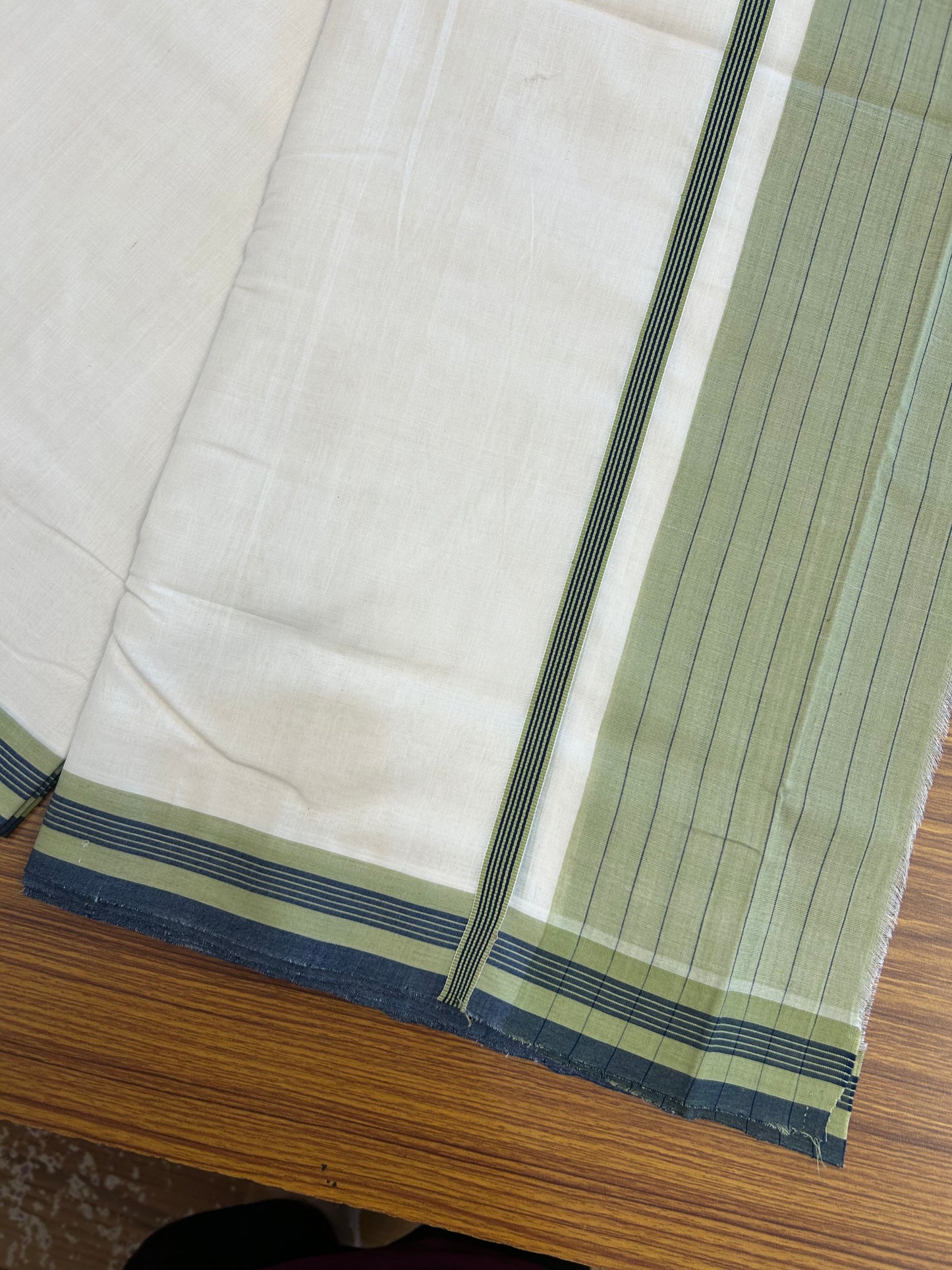 25% Discount!! KaithariKada Handloom  Unakkupaav - Kerala Handloom - 100% Pure Cotton Off White - (Unbleached) Double Mundu/Dothi - 100 x 80 - 6.5 inch Peacock Blue & Pastel Olive Side Striped Kara 4 meter (8.5 muzham) - 6 KK5366 REA