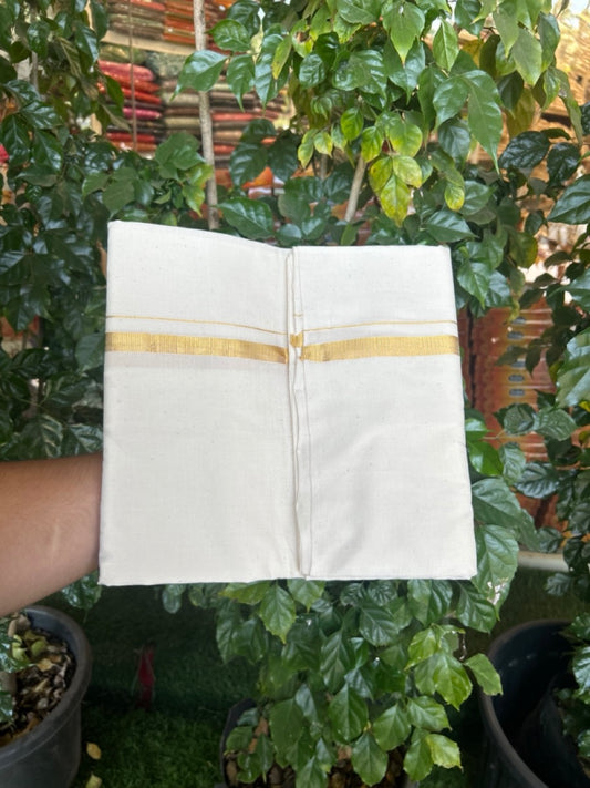 25% DISCOUNT!! SIGNATURE KAITHARIKADA EXCLUSIVE SINGLE DHOTI - 100% Cotton Balaramapuram HANDLOOM Single Mundu/Dhoti - Off White (Unbleached) 0.5 inch Gold Kasav Kara (2 meter / 4 muzham) - 8 KK5269 KAI