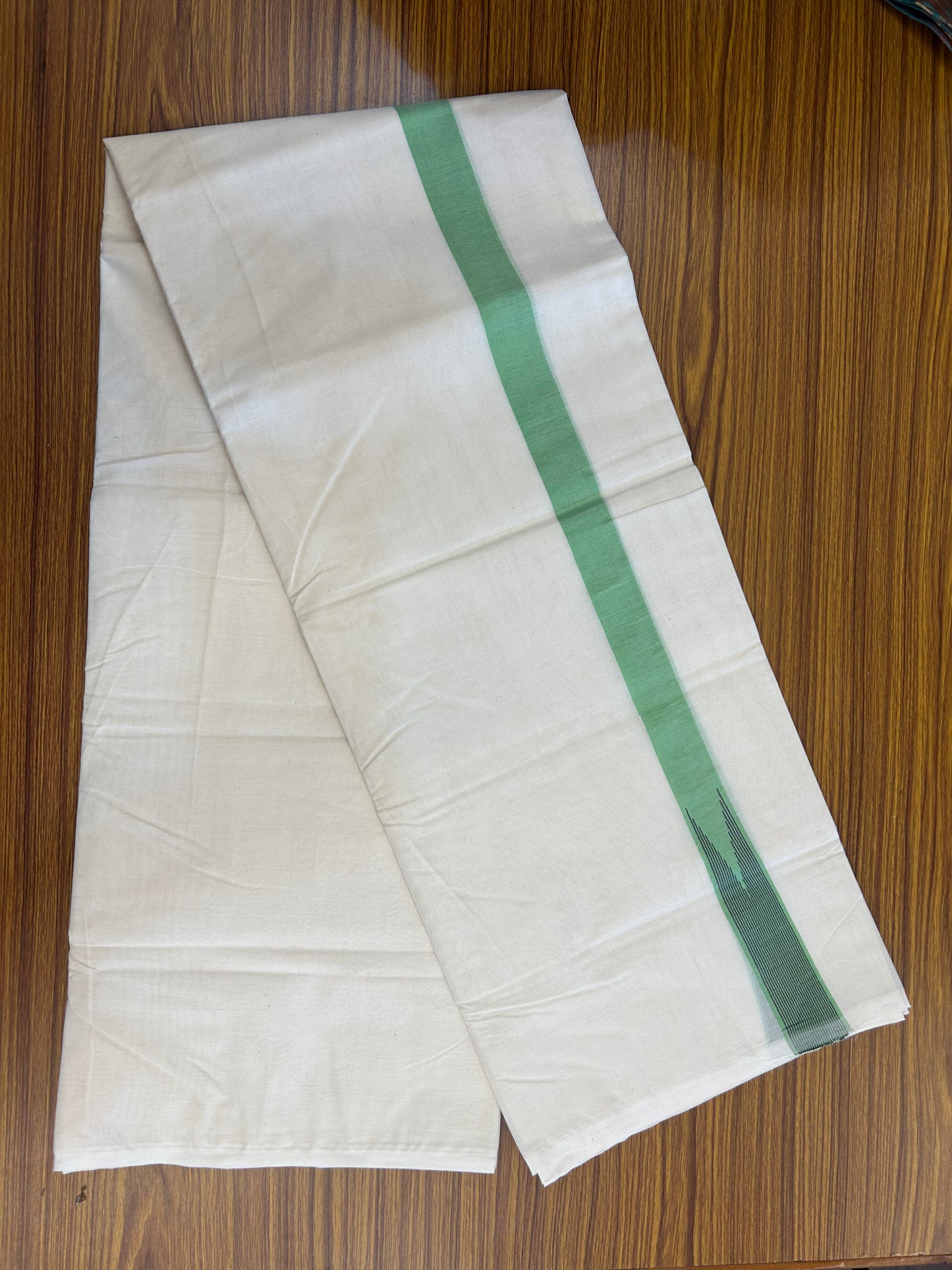 20% Discount ! KaithariKada 100% Cotton off white Double - (Unbleached) Mundu/Dhoti - 100X100 - 1.25 inch Puliyilakkara Parrot Green & Black Striped Chutty kara - 4 mtr (8.5 muzham) - 10 KK5347 ASH