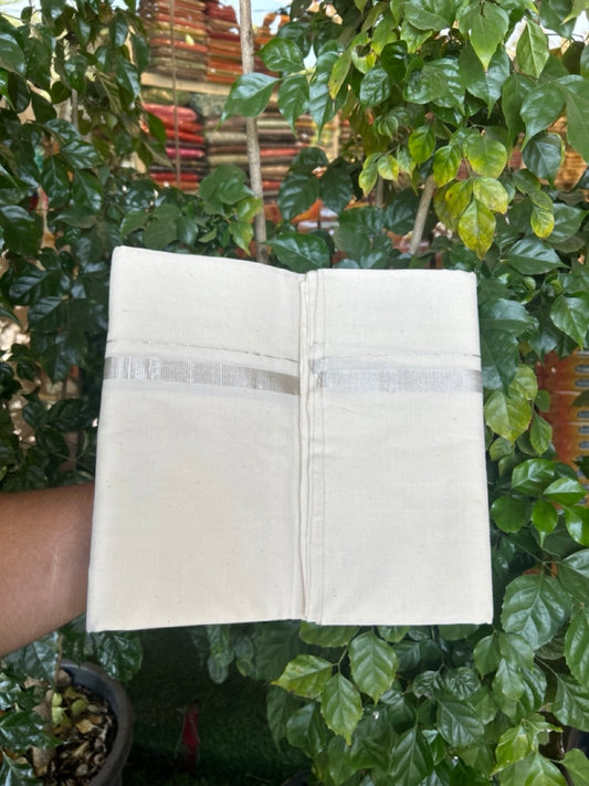 25% DISCOUNT!! SIGNATURE KAITHARIKADA EXCLUSIVE SINGLE DHOTI - 100% Cotton Balaramapuram HANDLOOM Single Mundu/Dhoti - Off White (Unbleached) 0.5 inch Silver Kasav Kara (2 meter / 4 muzham) - 9 KK5269 KAI