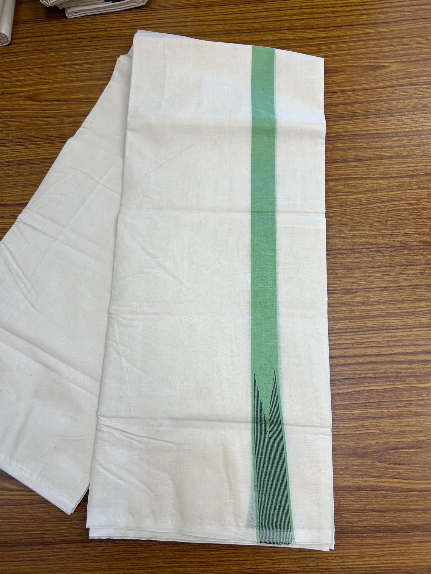 20% Discount ! KaithariKada 100% Cotton off white Double - (Unbleached) Mundu/Dhoti - 100X100 - 1.25 inch Puliyilakkara Parrot Green & Black Striped Chutty kara - 4 mtr (8.5 muzham) - 10 KK5347 ASH