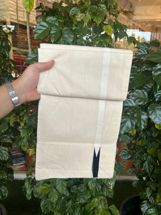 25% DISCOUNT ! KaithariKada HANDLOOM Unakkupaav Balaramapuram - 100% PURE Cotton Off White - (Unbleached) Double Mundu/Dhoti - 100x100 - 0.75 Inch Black Chutty - 1 KK5269 RAM