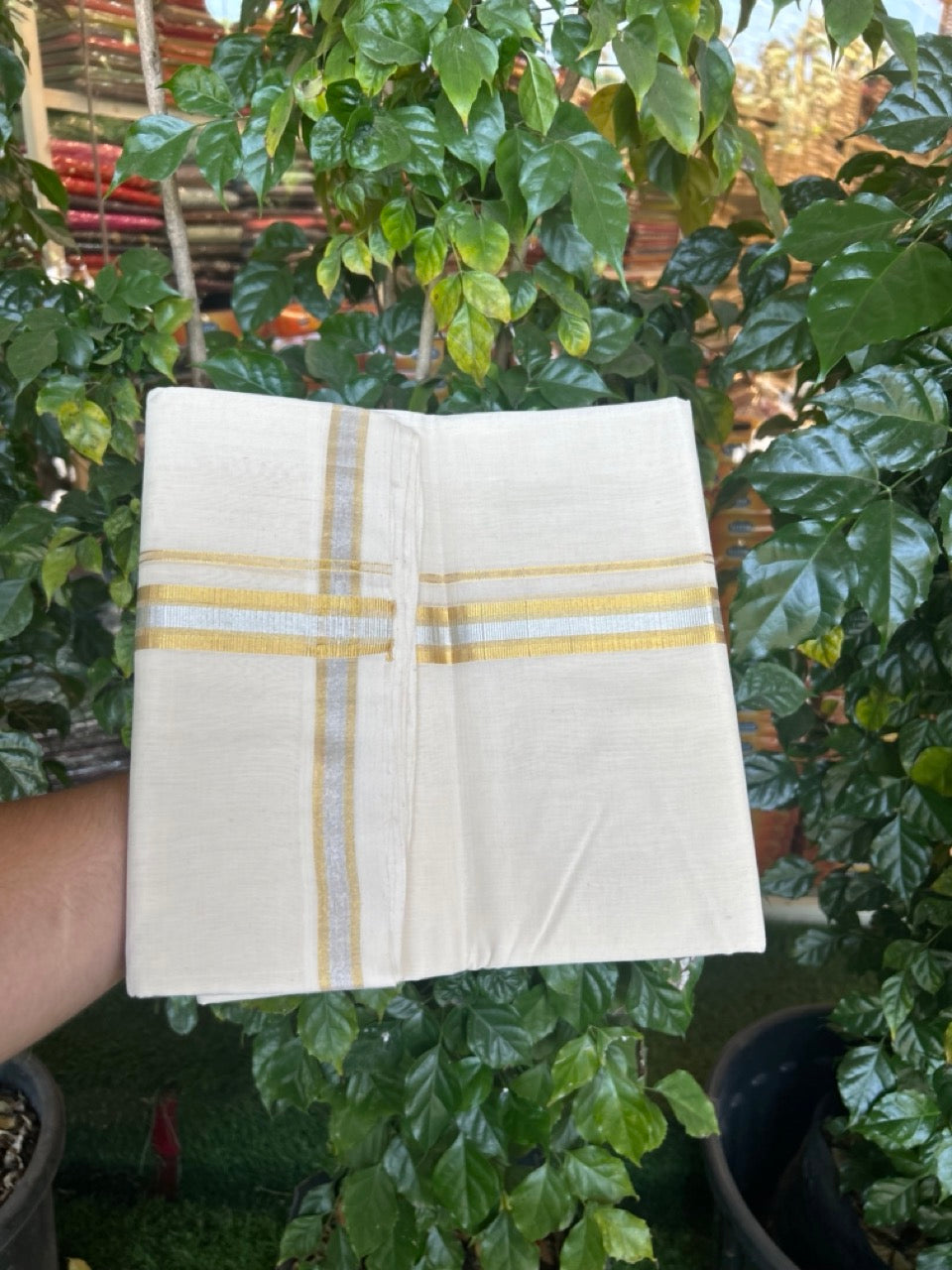 25% Discount! KaithariKada Handloom Millpaav Balaramapuram - Cotton Double Mundu/Dhoti Off white (Unbleached) - 80x90 - 1 inch Silver Kasav & Gold Kasav Stripes Kara 4 meter (8.5 Muzham) - 7 KK5269 RAM