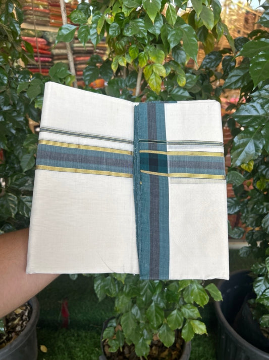 25% DISCOUNT!! KaithariKada HANDLOOM UNAKKUPAAV Balaramapuram - 100% PURE Cotton OFF White Double - (Unbleached)- Mundu/Dothi - 1.5 inch Gold Kasav Dark Teal Green & Black Kara 4 Meters (8.5 Muzham) - 51 KK5249 REA