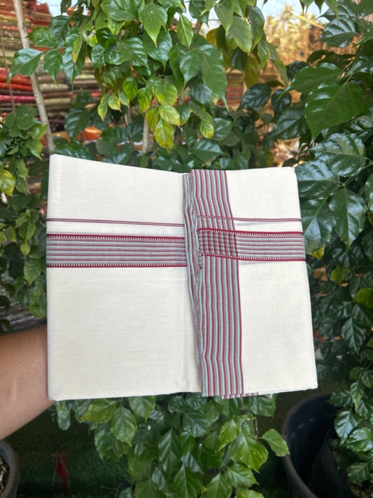 25% Discount!! KaithariKada Handloom Unakkupaav Balaramapuram - 100% Pure Cotton Off White - (Unbleached) Double Mundu/Dothi - 100x80 -  1.25 inch Light Maroon & Pestel Green Kara 3.80 meter (8.4 muzham) - 4 KK5269 REA