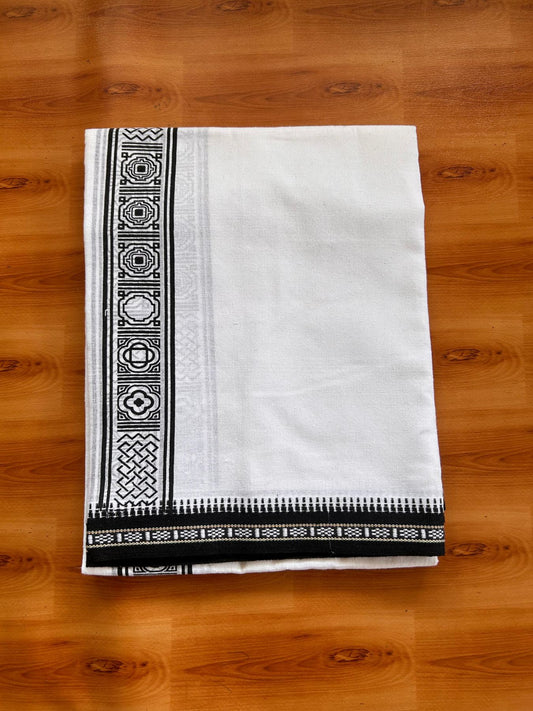 Single Kaily / Lungi - Kaitharikada - Mixed Cotton - 40s twisted - 2 inch Black Printed Design Kara With White Colour Body (2 meter / 4 muzham) -  51 KK8088 SAT
