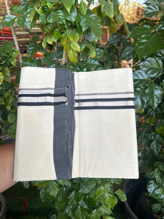 25% Discount! KaithariKada Handloom Millpaav Balaramapuram - Cotton Double Mundu/Dhoti Off white (Unbleached) - 80x90 - 1 inch Silver Kasav & Black Kara 3.60 meter (8 Muzham) - 5 KK5269 RAM