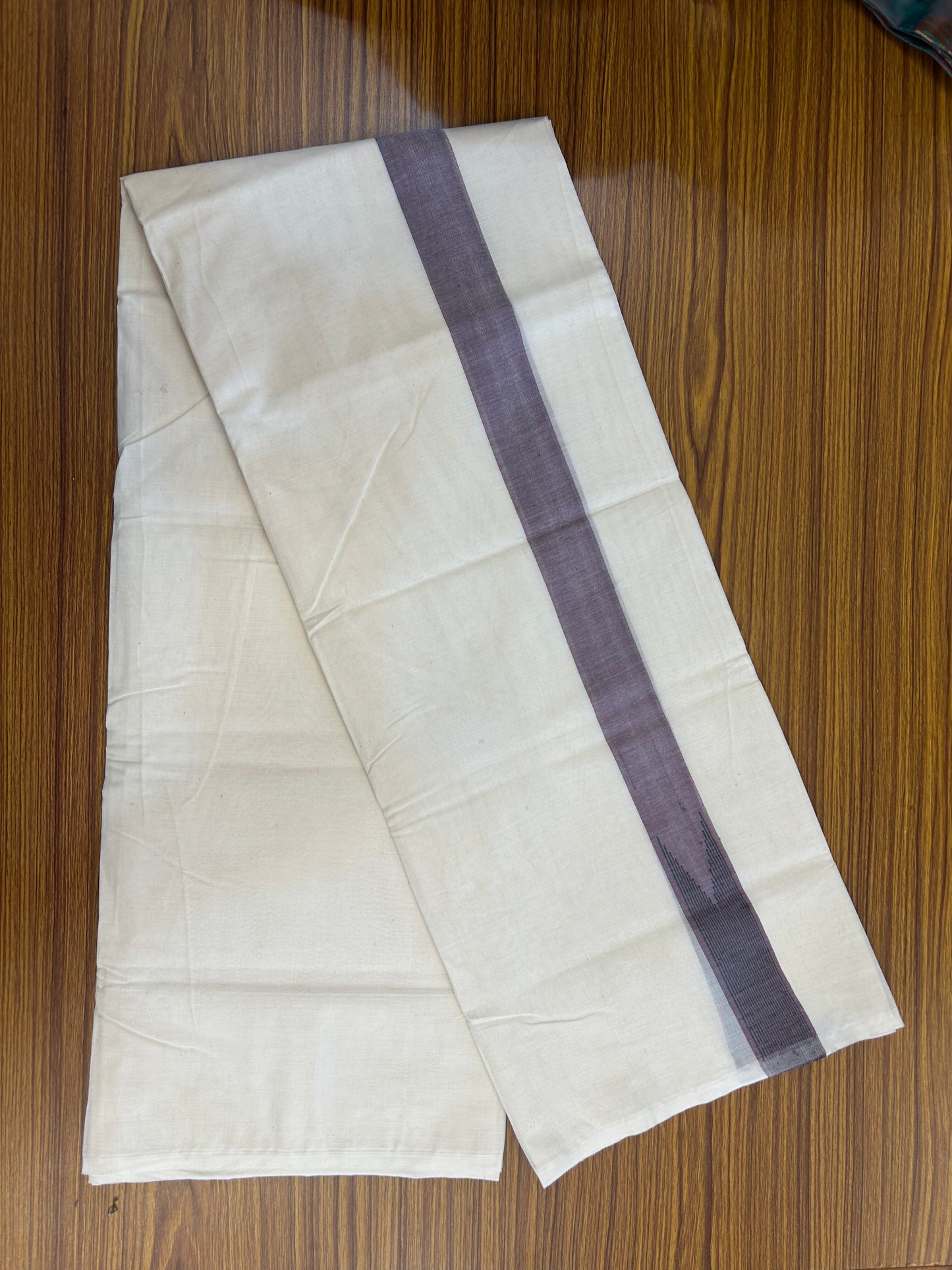 20% Discount ! KaithariKada 100% Cotton off white Double - (Unbleached) Mundu/Dhoti - 100X100 - 1.25 inch Puliyilakkara Dark Pastel Purple & Black Striped Chutty kara - 4 mtr (8.5 muzham) - 13 KK5347 ASH