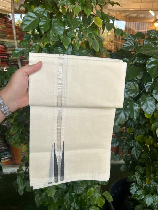 25% Discount ! KaithariKada Handloom Millpaav Balaramapuram - 100% Pure Cotton Off White Double - (Unbleached) Mundu/Dothi - 80X90 - 1 inch Puliyilakkara Silver Kasavu & Black chutty Kara 4 mtr (8.5 Muzham) - 140 KK5236 RAM