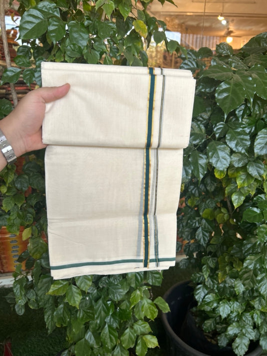25% DISCOUNT!! KaithariKada HANDLOOM MILPAAV Balaramapuram - 100% PURE Cotton OFF White Double - (Unbleached) Mundu/Dothi - 80x90 - 0.5 Inch Kasavu Dark Green Puliyilakkara chutty - 6 KK5269 RAM