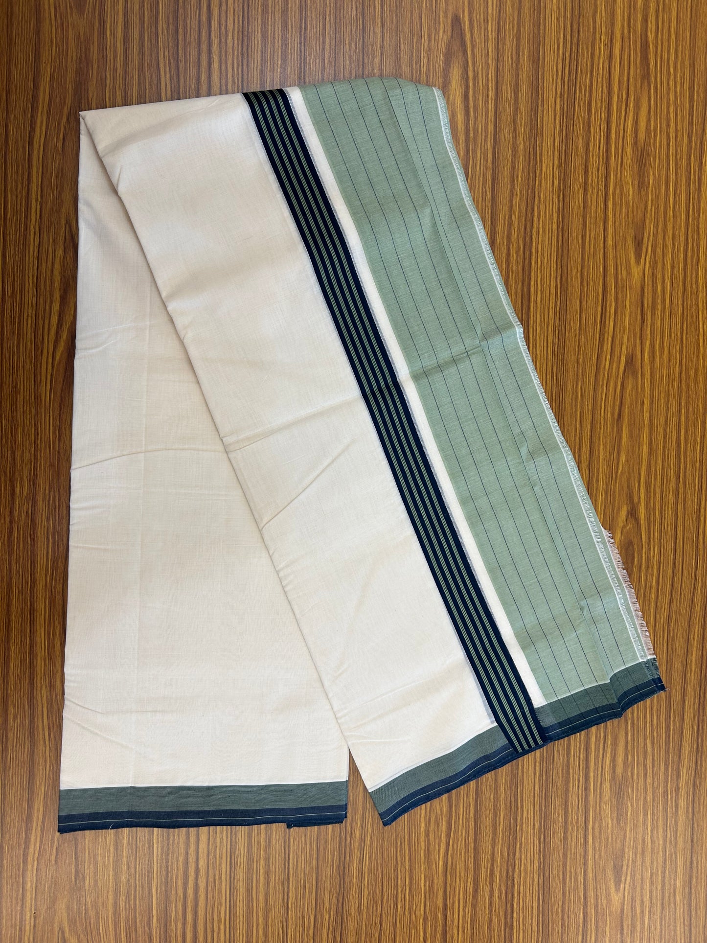 25% Discount!! KaithariKada Handloom  Unakkupaav - Kerala Handloom - 100% Pure Cotton Off White - (Unbleached) Double Mundu/Dothi - 100 x 80 - 6.5 inch Dark Sea Green & Peacock Blue Side Striped Kara 4 meter (8.5 muzham) - 10 KK5366 REA