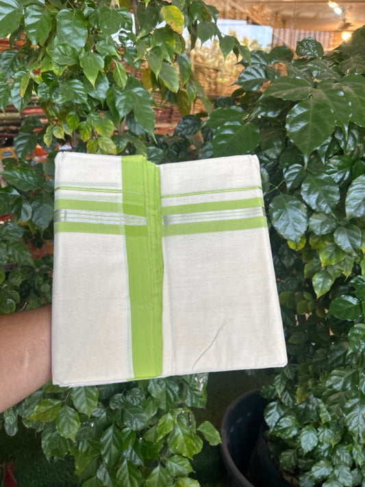 25% Discount ! KaithariKada Handloom Millpaav Balaramapuram - 100% PURE Cotton OFF White (Unbleached) Double Mundu/Dothi - 80x90 - 1.5 inch Silver Kasav & Light Green Shaded Striped Kara 4 Meters (8.5 Muzham) - 2 KK5269 RAM
