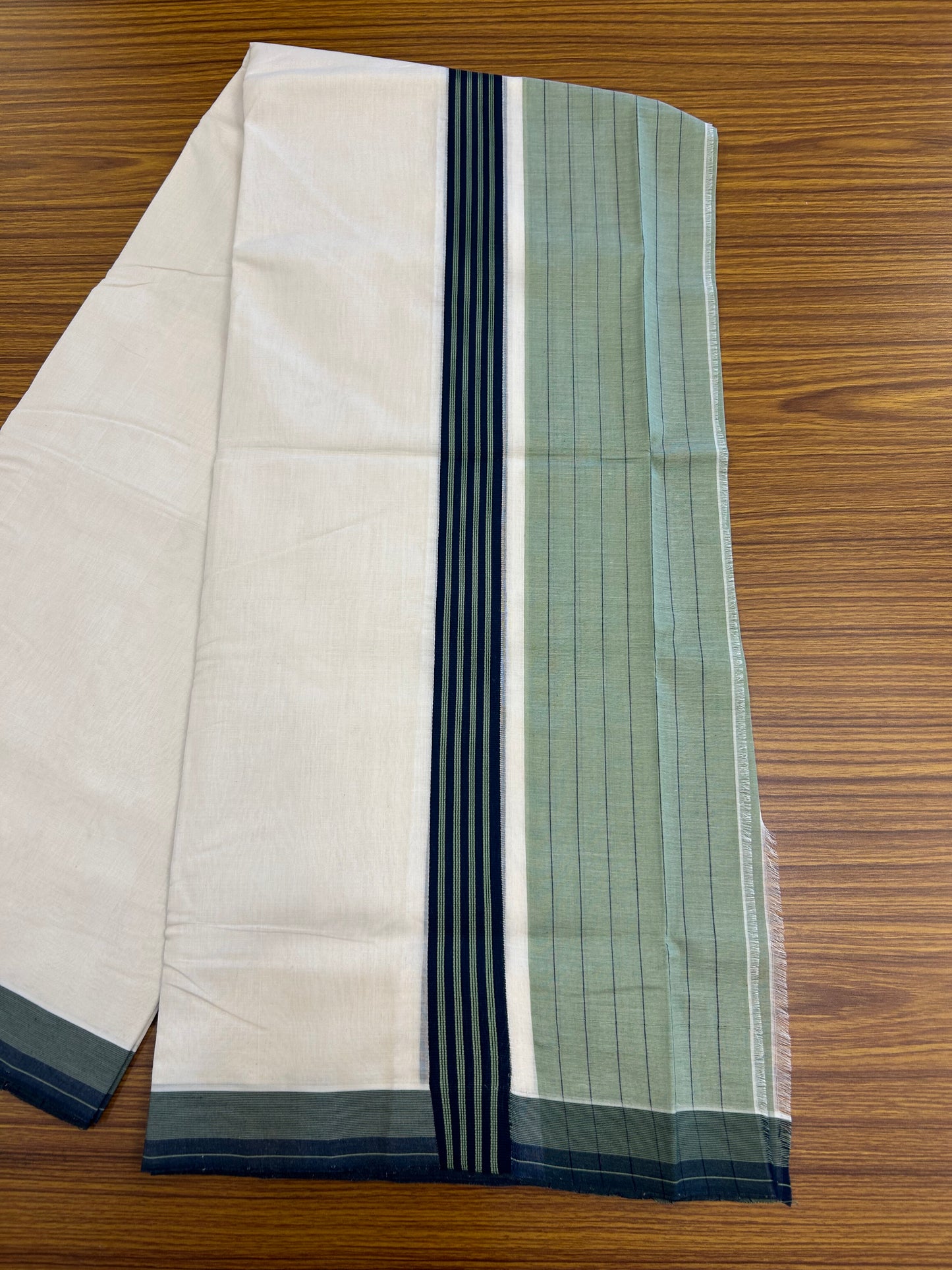 25% Discount!! KaithariKada Handloom  Unakkupaav - Kerala Handloom - 100% Pure Cotton Off White - (Unbleached) Double Mundu/Dothi - 100 x 80 - 6.5 inch Dark Sea Green & Peacock Blue Side Striped Kara 4 meter (8.5 muzham) - 10 KK5366 REA