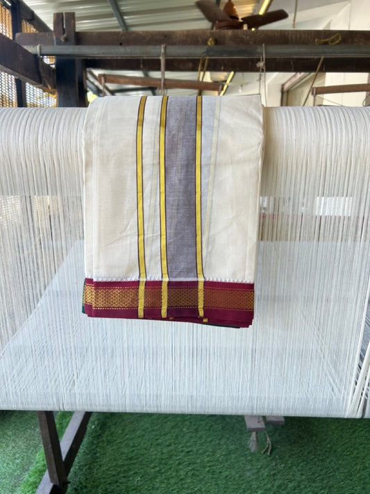 20% DISCOUNT! KaithariKada 100% Cotton Off White - (Unbleached) 100x100 thread - NORTH INDIAN- ATTACHED GAMCHA 9x5 Dhoti 2 inch Violet kara with Maroon & Dark Green Kasavu border - 30KK5196PMC