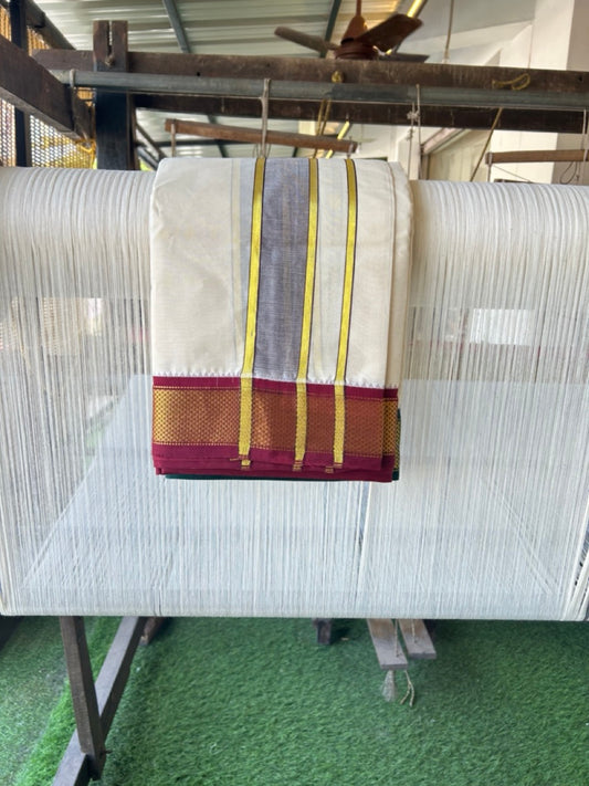 20% DISCOUNT! KaithariKada 100% Cotton Off White - (Unbleached) 100x100 thread - NORTH INDIAN- ATTACHED GAMCHA 10x6 Dhoti 2.25 inch Violet kara with Maroon & Dark Green Kasavu border - 29KK5196PMC