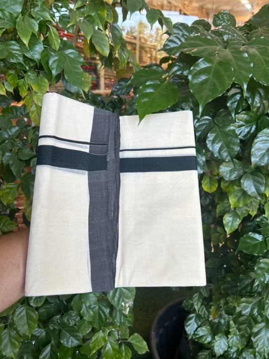 25% DISCOUNT ! KaithariKada HANDLOOM Millpaav Balaramapuram - 100% PURE Cotton Off White - (Unbleached) Double Mundu/Dhoti - 80x90 -1.25 inch Black Kara 4.5 meters (9 muzham) - 3 KK5269 RAM