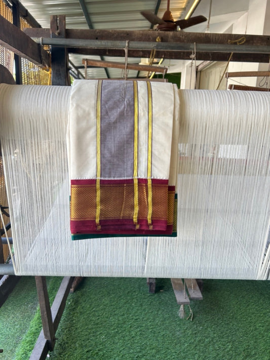 20% DISCOUNT! KaithariKada 100% Cotton Off White - (Unbleached) 100x100 thread - NORTH INDIAN- ATTACHED GAMCHA 9x5 Dhoti 3.5 inch Violet kara with Maroon & Dark Green Kasavu border - 28KK5196PMC