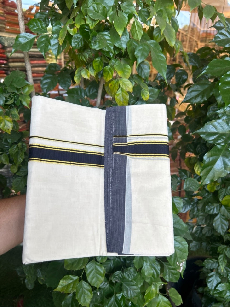 20% Discount !! KaithariKada Balaramapuram Mixed Cotton OFF White (Unbleached) Double Mundu/Dhoti -100X100 - 1 inch Black & Gold Kasav Stripes Kara - 8 KK5271 ASH