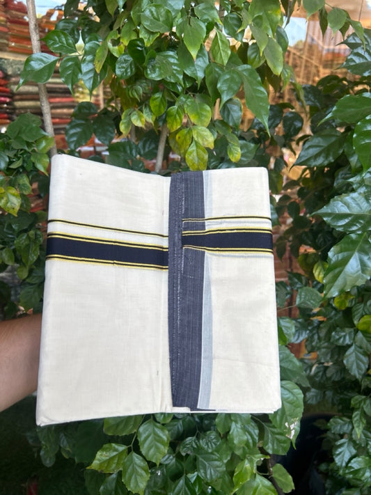 20% Discount !! KaithariKada Balaramapuram Mixed Cotton OFF White (Unbleached) Double Mundu/Dhoti -100X100 - 1 inch Black & Gold Kasav Stripes Kara - 8 KK5271 ASH